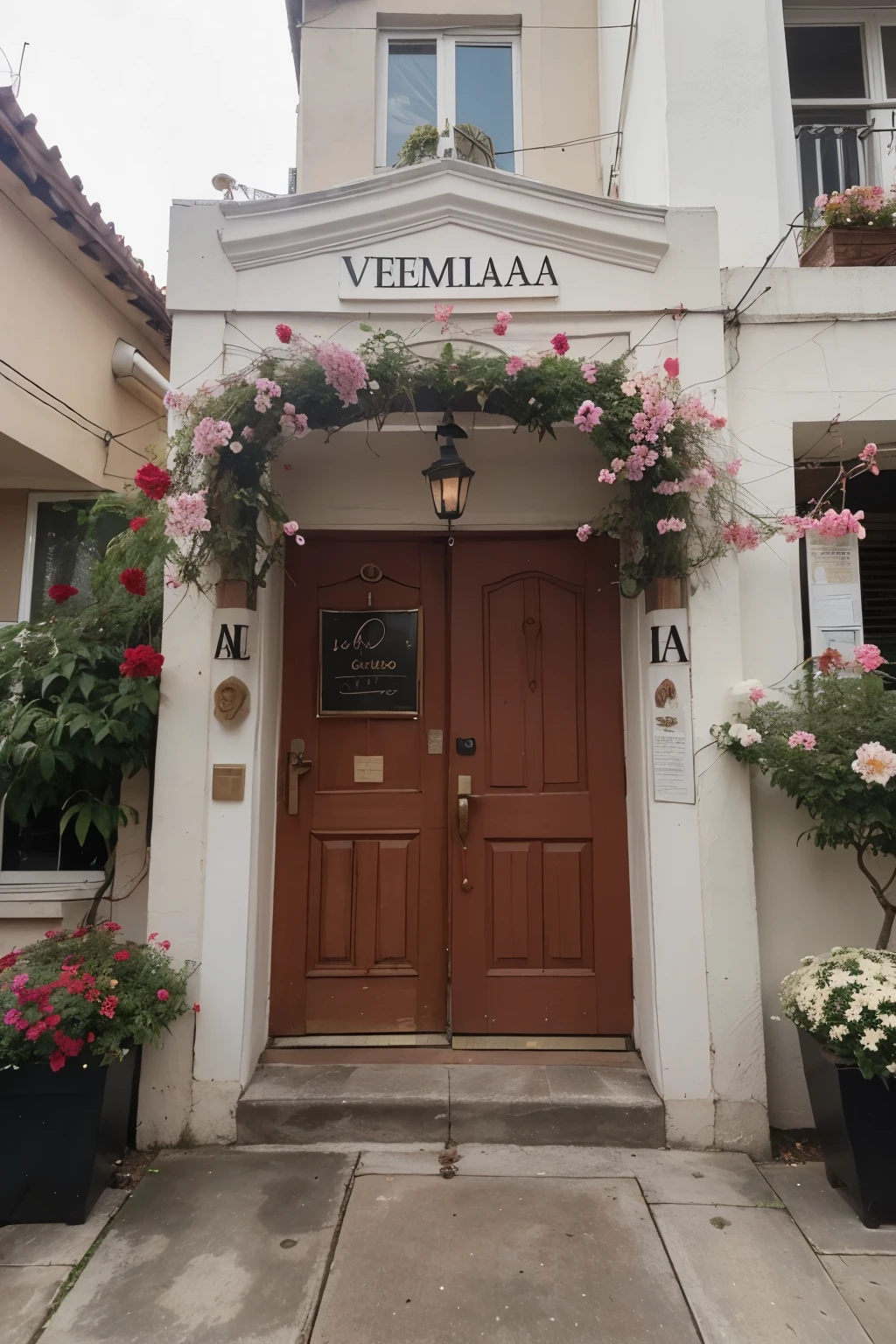 ((crie uma fachada vermelha com flores )), ((para uma loja com uma placa grande com o nome dela La Tienda Encantada)), (janelas grandes),