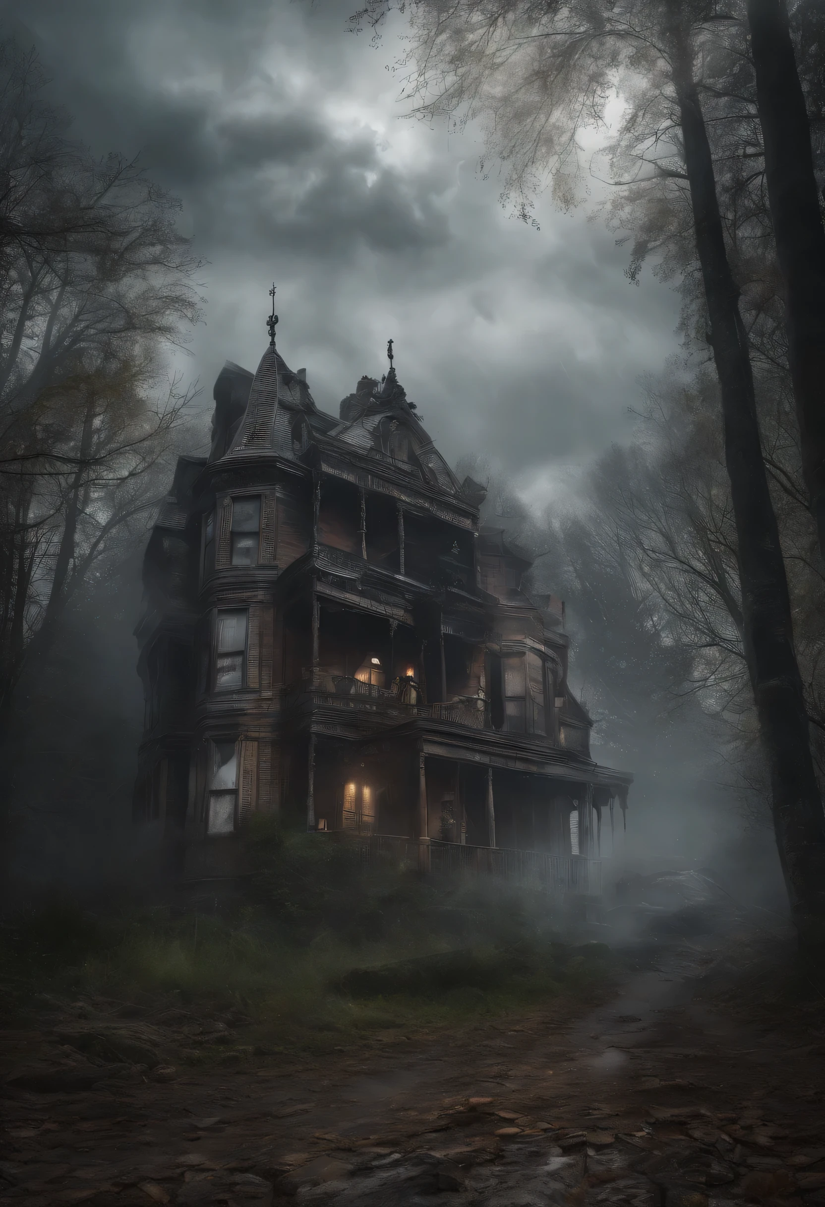 Obra de arte. melhor qualidade. Cursed souls in haunted house. Atmosfera assustadora. Haze harmful to health. Miasma maligno. Ultra HD. 32k.
