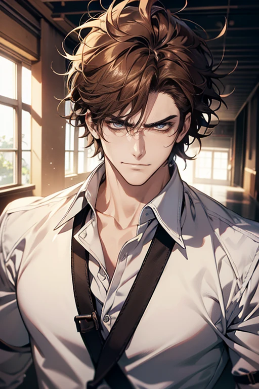 (tmasterpiece, high resolution, ultra - detailed:1.0), (1 male, masculine face), Perfect male body, tall and strong, Adult male, Delicate eyes and delicate face, Extremely detailed CG, Unity 8k wallpaper, Complicated details, Detailed face, (brown hair, messy hair, serious faces, white shirts,Bad students), (frown,evil smile:1.3), stad in school corridor, street style, color difference, Depth of field, dramatic shadow, Ray tracing, Best quality, Cinematic lighting, offcial art,Portrait