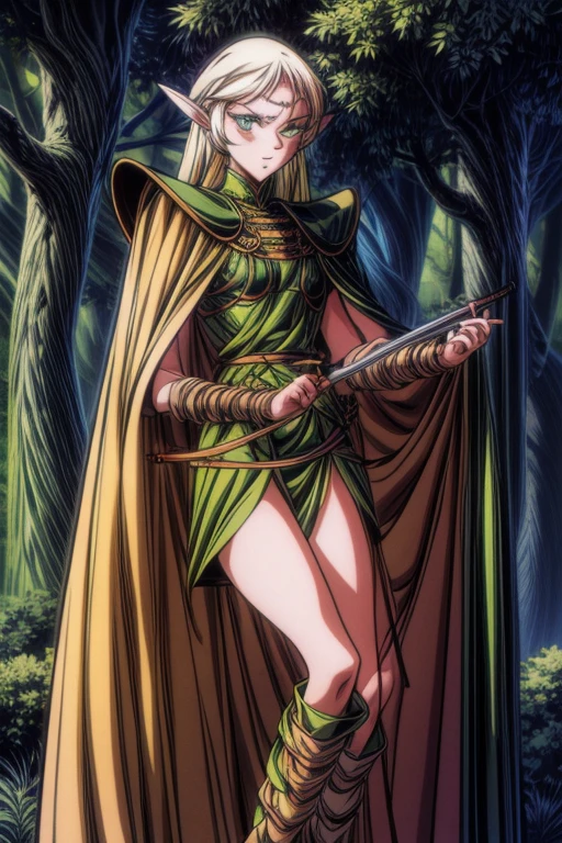 1girl,solo,green eyes,eyelashes,tall,long blonde hair,shiny hair,shiny pupils,shiny skin,detailed lighting,sunset,forest,nature,woods,looking at viewer,expressive eyes,she holds a sword,sitting,crossed legs,brown boots,cape,((lineart)),((detailed pupils)),elf ears,toned,very beautiful ,smiling ,mouth closed ,
