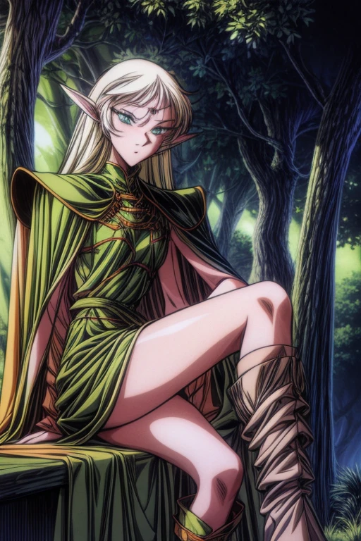1girl,solo,green eyes,eyelashes,tall,long blonde hair,shiny hair,shiny pupils,shiny skin,detailed lighting,sunset,forest,nature,woods,looking at viewer,expressive eyes,she holds a sword,sitting,crossed legs,brown boots,cape,((lineart)),((detailed pupils)),elf ears,toned,very beautiful ,smiling ,mouth closed ,