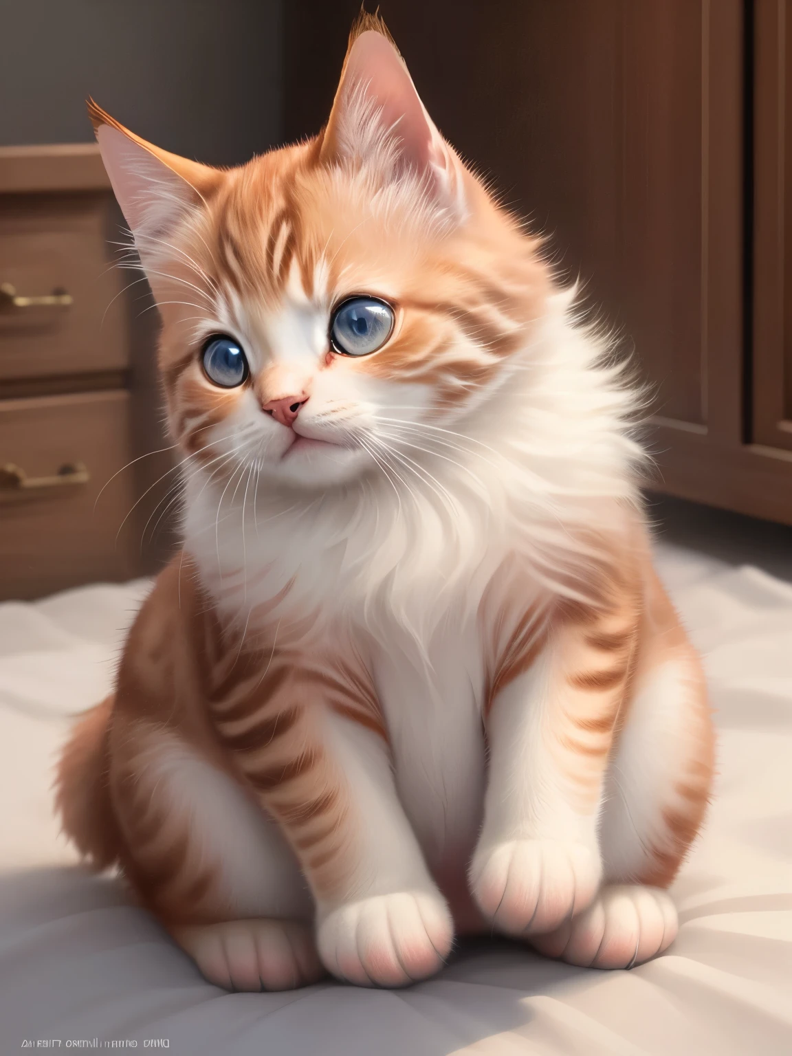 (highest quality,4K,8k,High resolution,masterpiece:1.2),Super detailed,(Realistic,Realistic,Photorealistic:1.37),indoor,Cute reddish brown kitten,White nose、(Mostly white)、All front legs are white、Art Gallery、(Very small kitten)、Sleeping、Random Pause