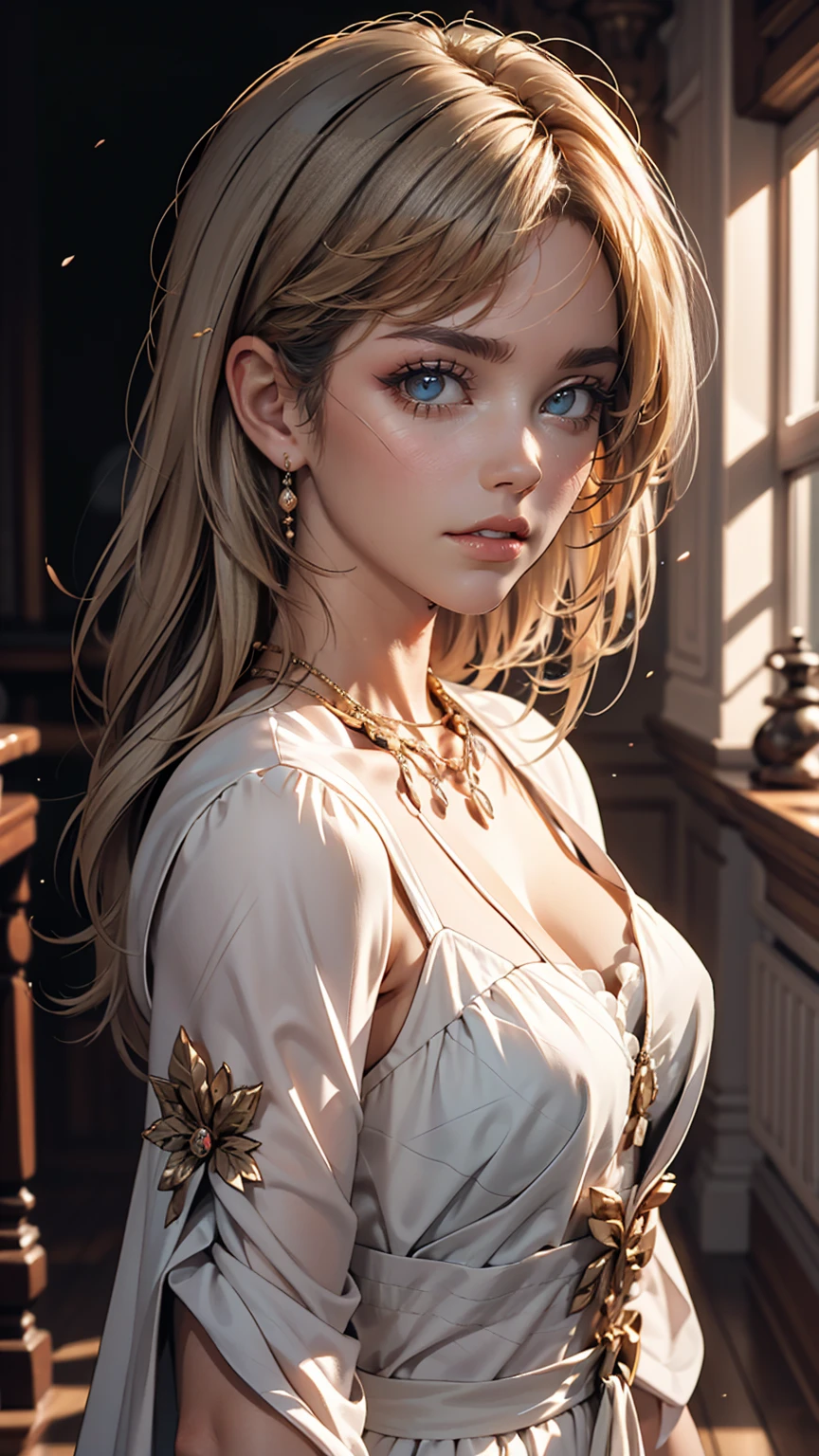 highly detailed, 8k, masterpiece, One girl, Grey Two Tone_hair, dress , , (perfection_face), Brilliant, complicated, Dramatic lighting, 4K, detailed_background, Caustics, Portraiture, , from_~ side  