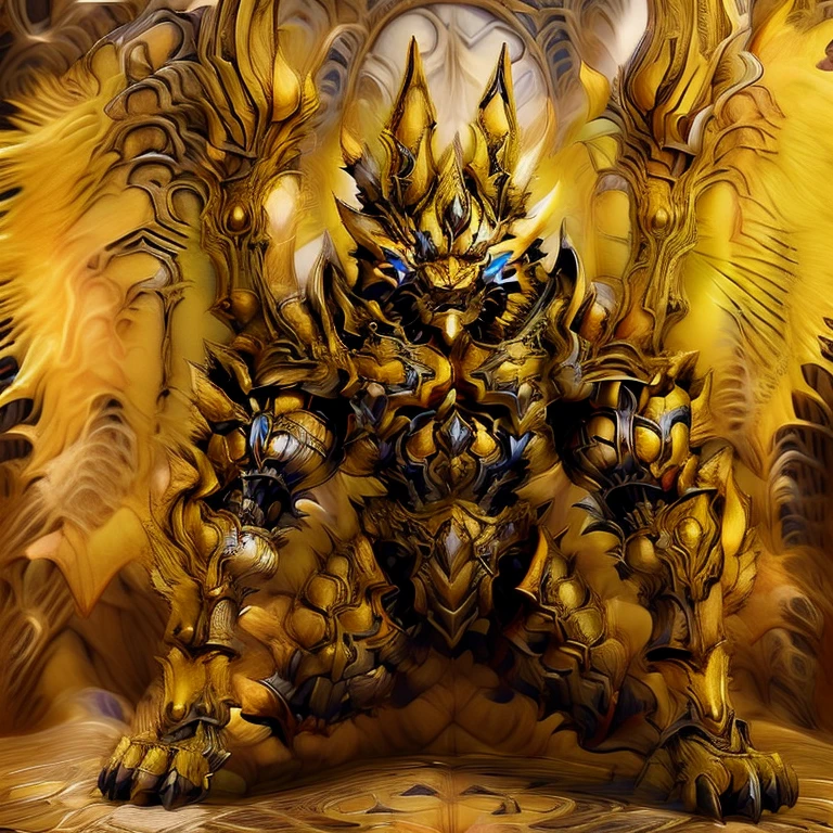 (Pokémon) (Zeraora), (masterpiece, best quality, detailed:1.2), (nj5furry), (medieval armor:1.3) sparkling skin, Vibrant colors, 4K, GOLD armor, Its full plate armor emphasizes the muscles. big muscle (pecs, triceps, traps) unusually developed muscular body, body full of huge muscles. showing off muscles, pectorales enormes. Exaggeratedly huge muscles. Gigachad Muscular, Very muscular, Large pecs, Spread wings, It has wings. have big wings. has 10 large wings. It has large golden wings. The feathers on its wings are detailed and realistic.sitting on the throne,