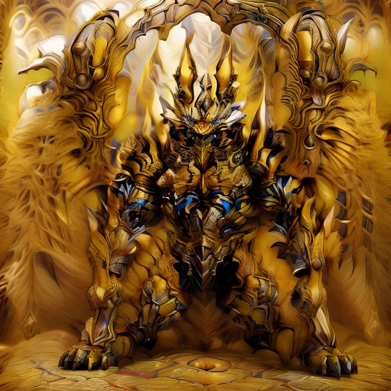 (Pokémon) (Zeraora), (masterpiece, best quality, detailed:1.2), (nj5furry), (medieval armor:1.3) sparkling skin, Vibrant colors, 4K, GOLD armor, Its full plate armor emphasizes the muscles. big muscle (pecs, triceps, traps) unusually developed muscular body, body full of huge muscles. showing off muscles, pectorales enormes. Exaggeratedly huge muscles. Gigachad Muscular, Very muscular, Large pecs, Spread wings, It has wings. have big wings. has 10 large wings. It has large golden wings. The feathers on its wings are detailed and realistic.sitting on the throne,