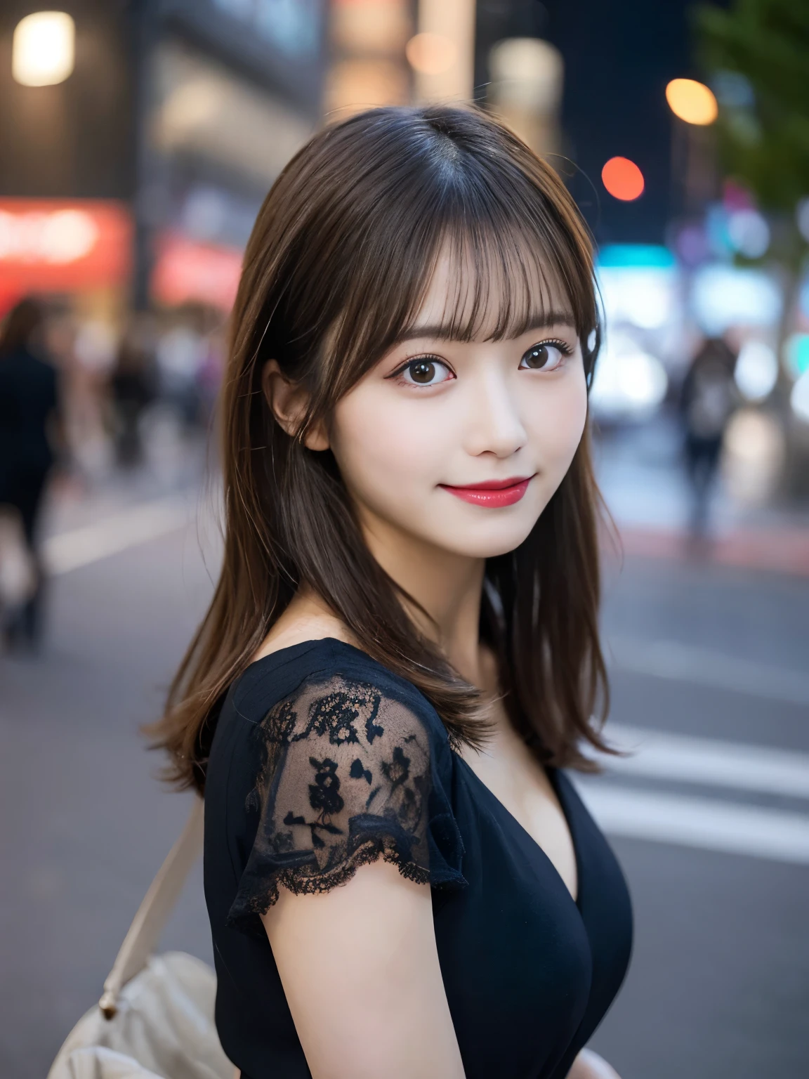 Tabletop, highest quality, figure, Super detailed, In detail, High resolution, 8k wallpaper, Perfect dynamic composition, Beautiful fine details, She is wearing a black dress,Medium Hair,Natural color lip, Bold sexy pose,smile,Harajuku、20-year-old girl、cute、sexy shot looking at camera、C Cup、Brown Hair、caste-like face、Blurred night downtown background