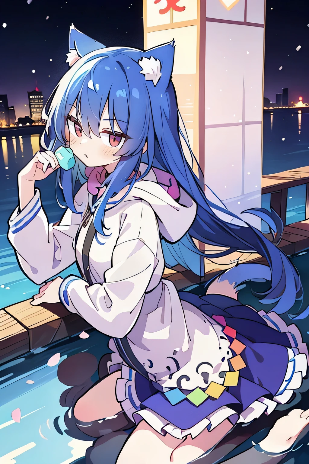 （masterpiece：1.2），Super detailed，lifelike，Expressive eyes，fair skin，perfect face shape，1 girl，
Japanese comics,Gorgeous blue hair,flowing blue hair,flowing clothes,Cat ears,Petals fall,beautiful lola,Baby Angel,
Shaking head with one hand，Cross your legs，Gentle and peaceful background，The pavilion is cool and comfortable,smile, wearing hoodie, background of tokyo,back views,snowing, winter,lie on the water. 