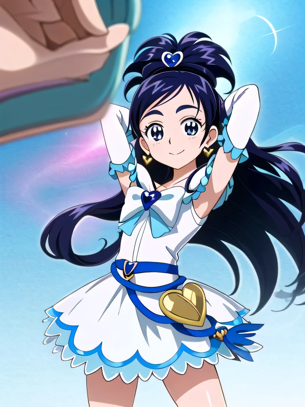 (masterpiece), best quality, (cel anime), highest quality, ((high detail:1.2)), (HDR), (cinematic light:1.1), highres, 1girl, solo, (curewhite:1.5),(little girl:1.5), high quality, solo, night sky, beach, {arms behind head}, contrapposto, closed mouth, spread armpits, (cowboy shot:1.5), looking at viewer, smile, half updo, jewelry, earrings, dress, white dress, magical girl, heart brooch, frills, ribbon, bow, black hair,arm warmers, blue hair, heart earrings, black eyes, gloves, hair ornament, smile,