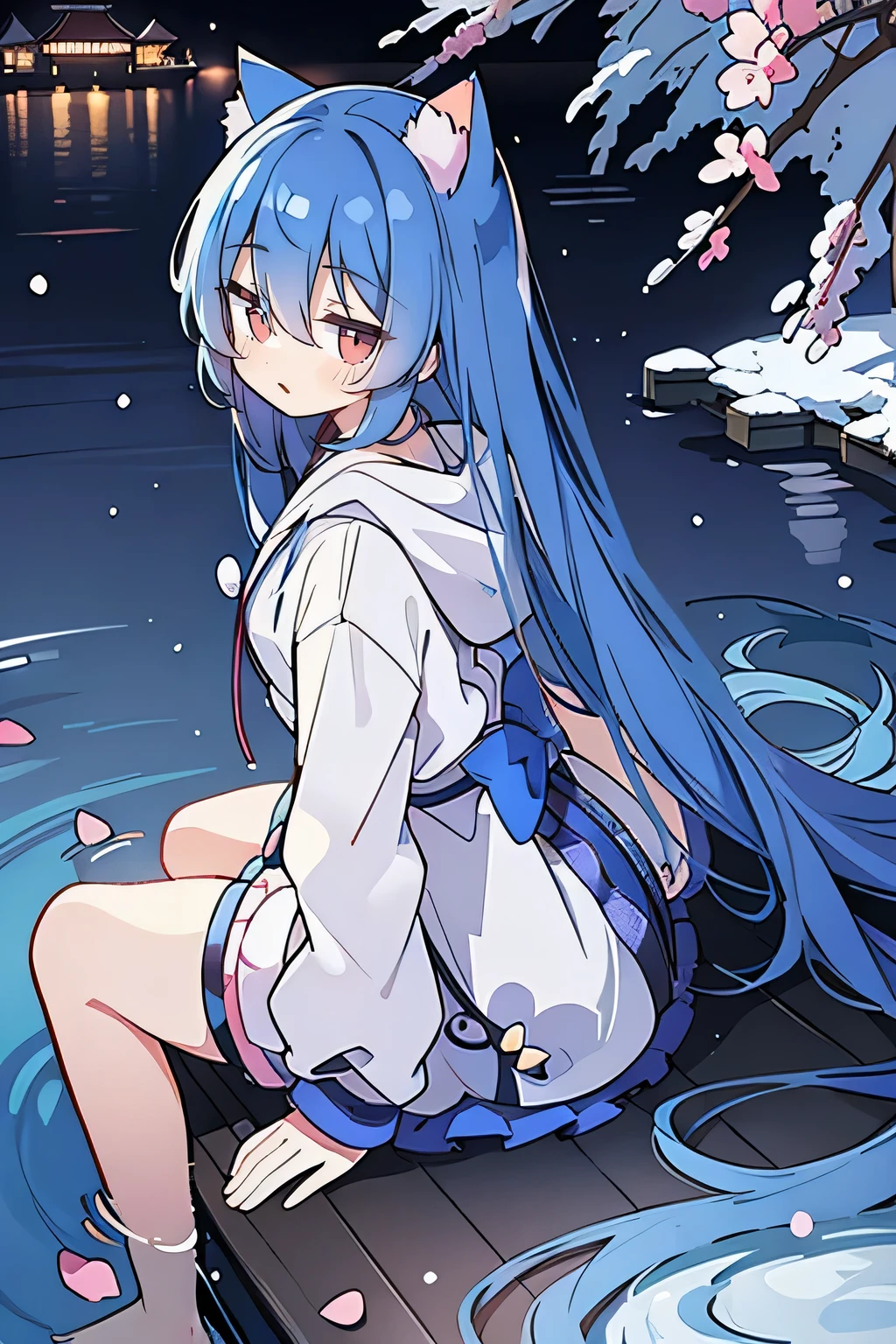 (masterpiece:1.2),Super detailed,lifelike,Expressive eyes,fair skin,perfect face shape,1 girl,
Japanese comics,Gorgeous blue hair,flowing blue hair,flowing clothes,Cat ears,Petals fall,beautiful lola,Baby Angel,
Shaking head with one hand,Cross your legs,Gentle and peaceful background,The pavilion is cool and comfortable,smile, wearing hoodie, background of tokyo,back views,snowing, winter,lie on the water.