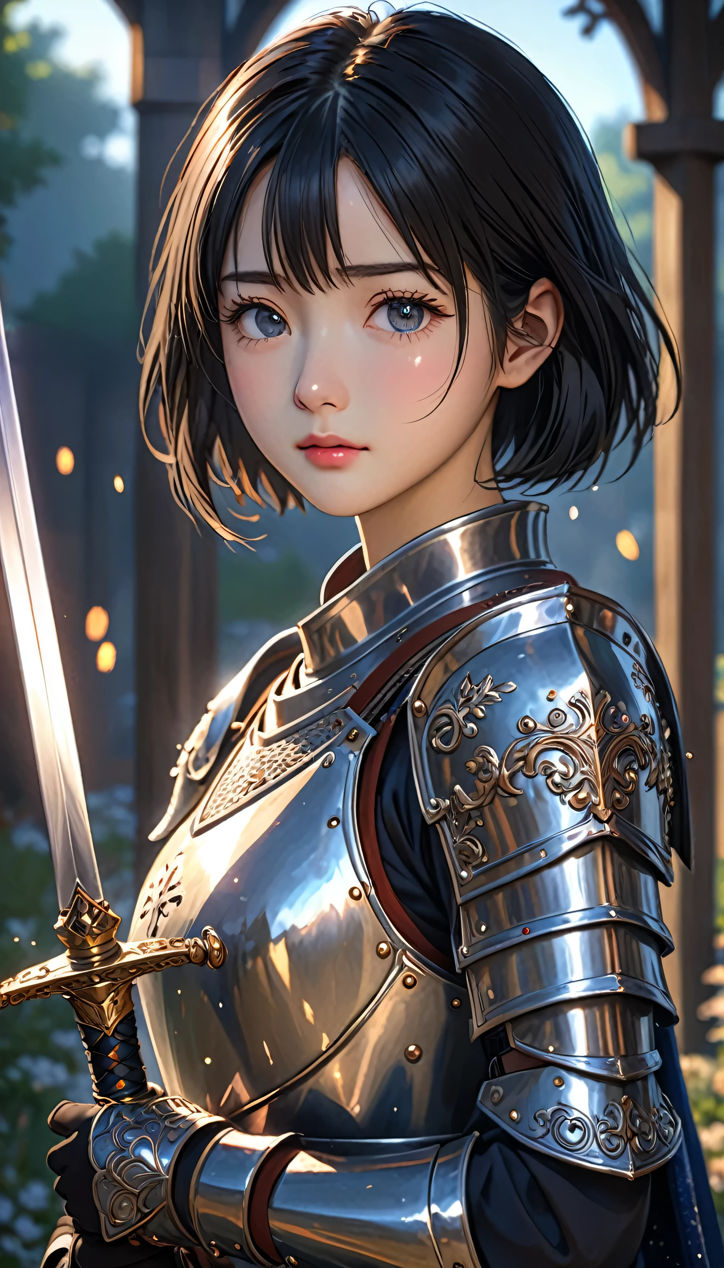 National Science Foundation,masterpiece,High resolution,8K,Art,digit,Three-dimensional,Realism,Kyoto Animation Style,Your name style,looking into camera,Soft Light,Glowing skin,(1 female: 1.3),(alone: 1.4),(((black hair))),(medieval female knight),(Ornate medieval armor),(Holding a jeweled sword in his hand),Long eyelashes,Slender legs,Short Bob,Close-up of upper body,Close-up,(Eyes as deep as the starry sky),(blush),(shy),(lovely and delicate),(Pitiful),(cry),(shed tears),(((sadness)))