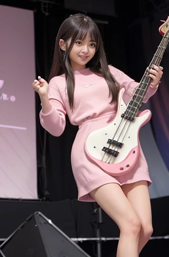a lot of details, (slender waist), 30 years old, detailed black hair, beautiful detailed hair, super fucking beautiful, complex details beautiful and delicate eyes, perfect hands, (small breasts best quality), perfect and delicate limbs, detailed skin, best quality, ultra-detailed,
rock festival, a lots of people, glad, cheerful grin, standing, (legs spread), flipped hair, (pink jumper dress school:1.2), (with a bass:1.5),(Scene of playing bass guitar:1.3), Japanese, on stage, at concert, (full body shot:1.3), extreme long shot, from side, from above, (stage lights:1.3), wide-angle lens