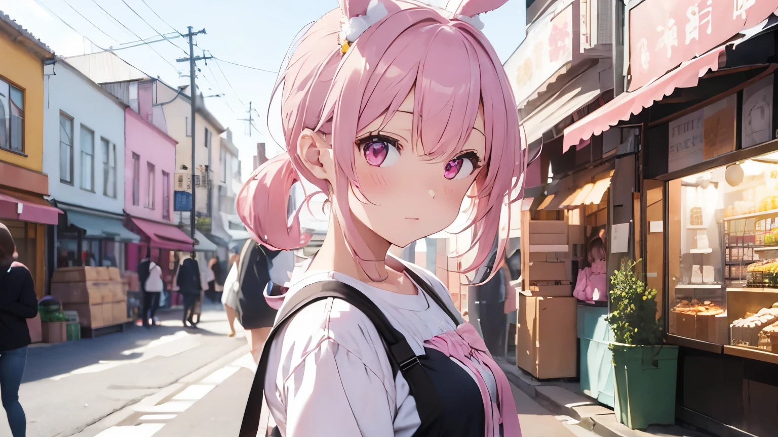 highest quality, pretty girl, pastel colour, Fluffy bunny ears, Pink Ponytail,Pale pink eyes,Festivals,stall,Opening a store