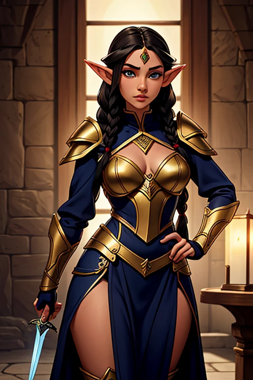 a black elf with long braided black hair, pointed ears, yellow eyes, wearing light battle armor, large bust, wide hips, dark-skinned elf, dark-skinned elf, brunette, elven palace gardens background, hyper realistic, 8k, extremely detailed, masterpiece, cinematic lighting, dramatic shadows, vibrant colors, fantasy art, epic, heroic, cinematic
