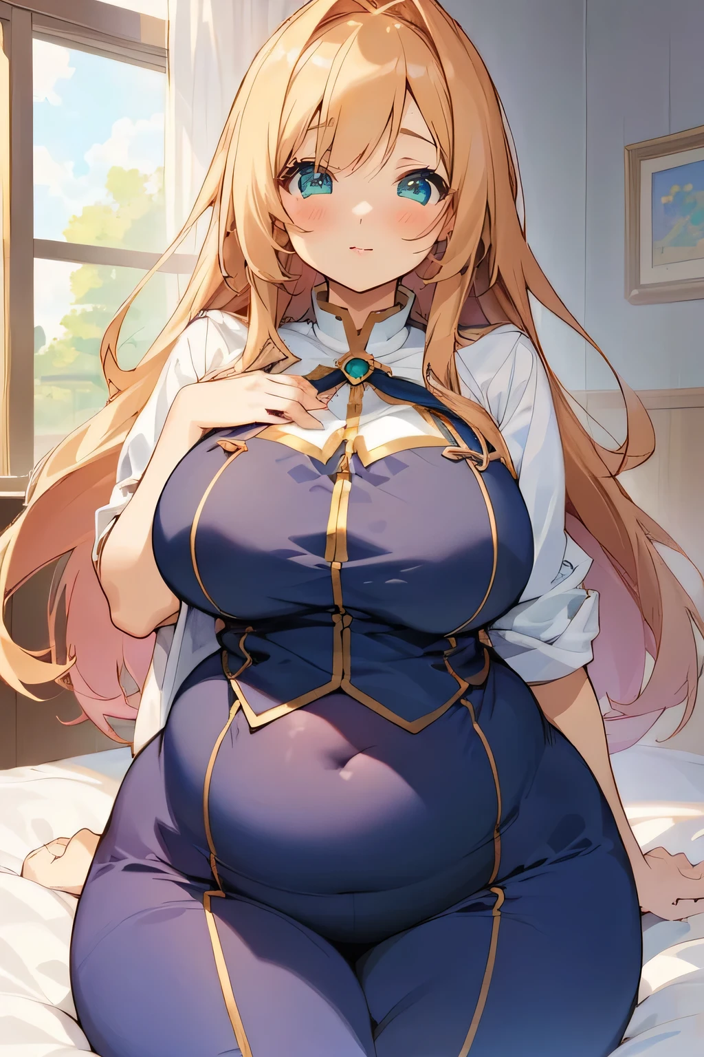 have large breastsアニメの女の子が大きな胸でベッドに座っている, thick, , She has a plump, round belly, tits, have large breasts, Cute girl anime visuals, Enchanting anime girl, tits proportions, Naughty, Long Hair Anime Girl, Smooth anime CG art, Her belly is fat and round