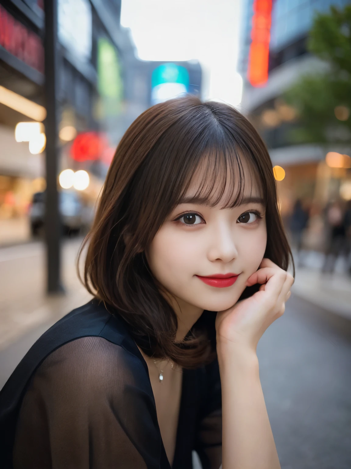 Tabletop, highest quality, figure, Super detailed, In detail, High resolution, 8k wallpaper, Perfect dynamic composition, Beautiful fine details, She is wearing a black dress,Medium Hair,Natural color lip, Bold sexy pose,smile,Harajuku、20-year-old girl、cute、sexy shot looking at camera、C Cup、Brown Hair、caste-like face、Blurred night downtown background