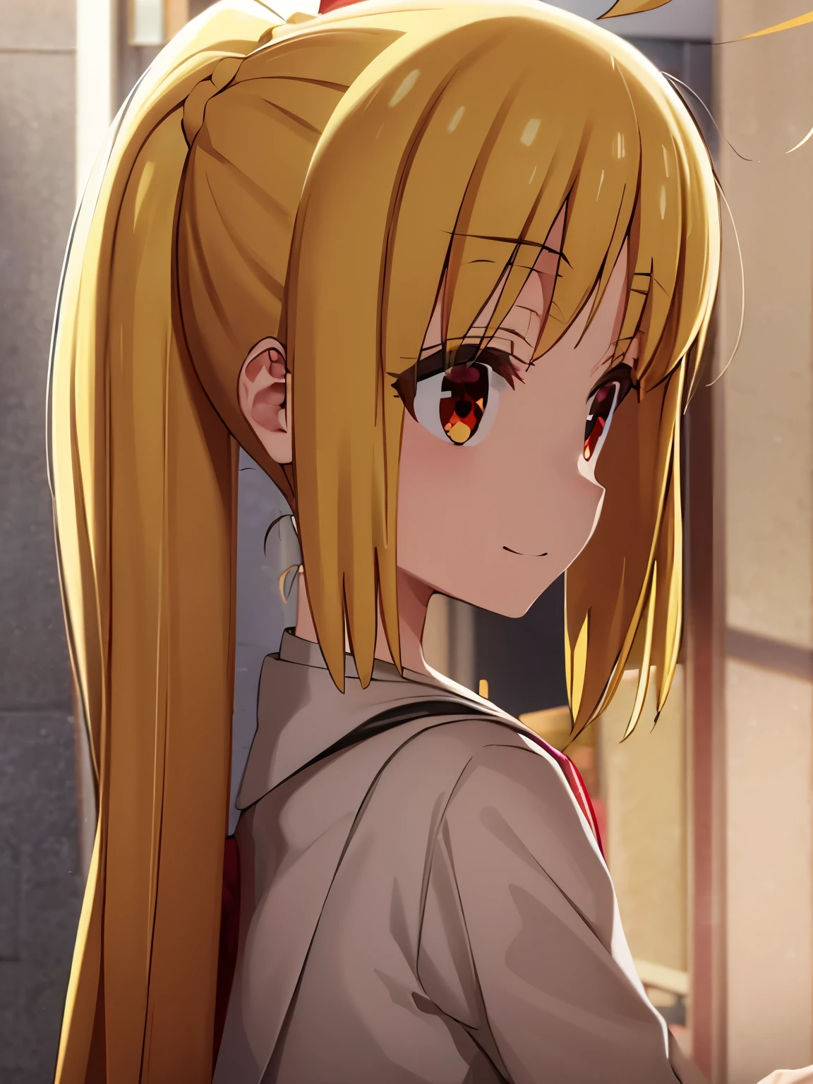 blonde_hair, long_hair, bangs, side_ponytail, sidelocks, ahoge, red_eyes, bow, red_bow, smile