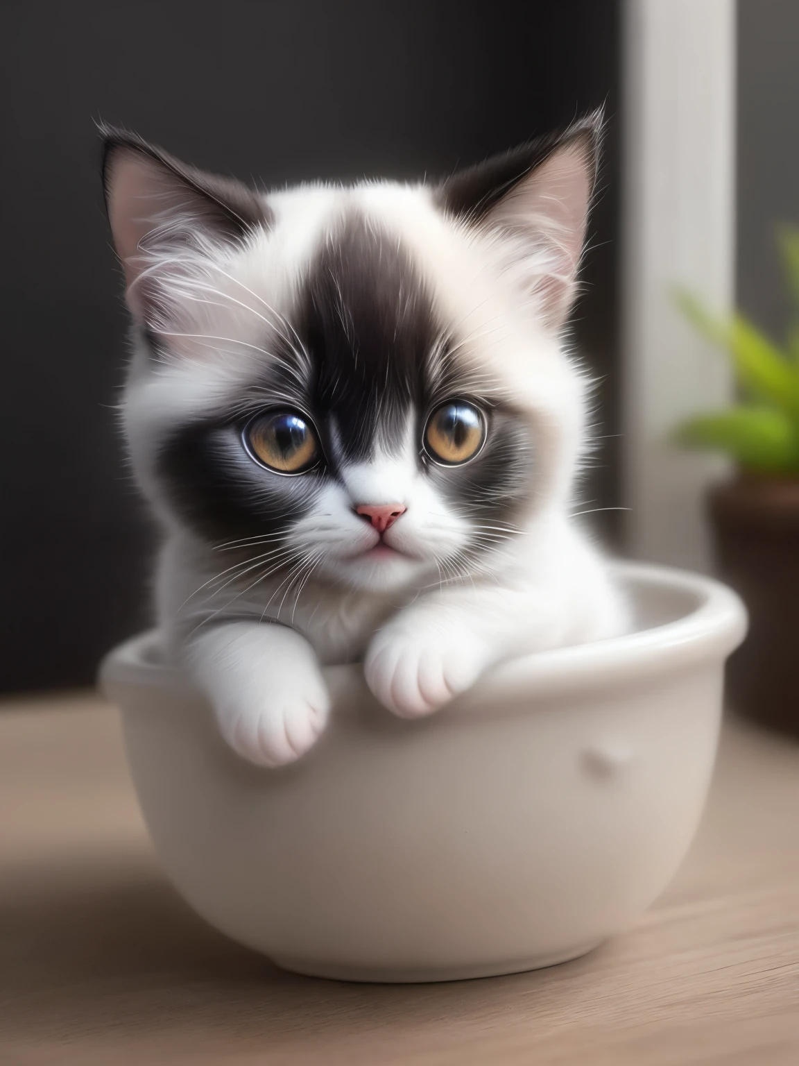 (highest quality,4K,8k,High resolution,masterpiece:1.2),Super detailed,(Realistic,Realistic,Photorealistic:1.37),indoor,Cute black and white siamese kitten,(Mostly white、Only the bridge of the nose is black)、Art Gallery、(Very small kitten)、Random Pause