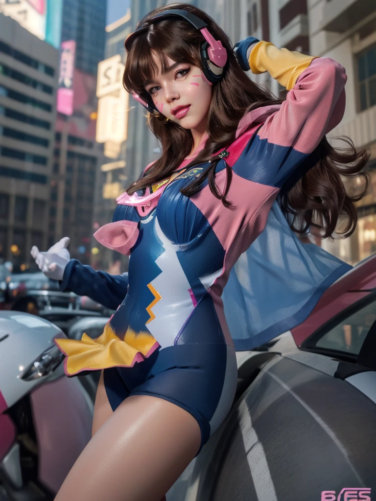 1girl, d.va (overwatch), solo, long hair, whisker markings, bodysuit, brown hair, facial mark, gloves, breasts, brown eyes, pilot suit, cowboy shot, headphones, white gloves, medium breasts, swept bangs, skin tight, animal print, bangs, bunny print, ribbed bodysuit, facepaint, pink lips, (ultra detailed), (8k, intricate), (85mm), light particles, lighting, breast focus, full body, (highly detailed:1.2), (detailed face:0,8), (gradients), sfw, colorful, (detailed eyes:1.5), (detailed background), (dynamic angle:1.2), (dynamic pose:1.2), (rule of third_composition:1.3), (Line of action:1.2), daylight, solo.