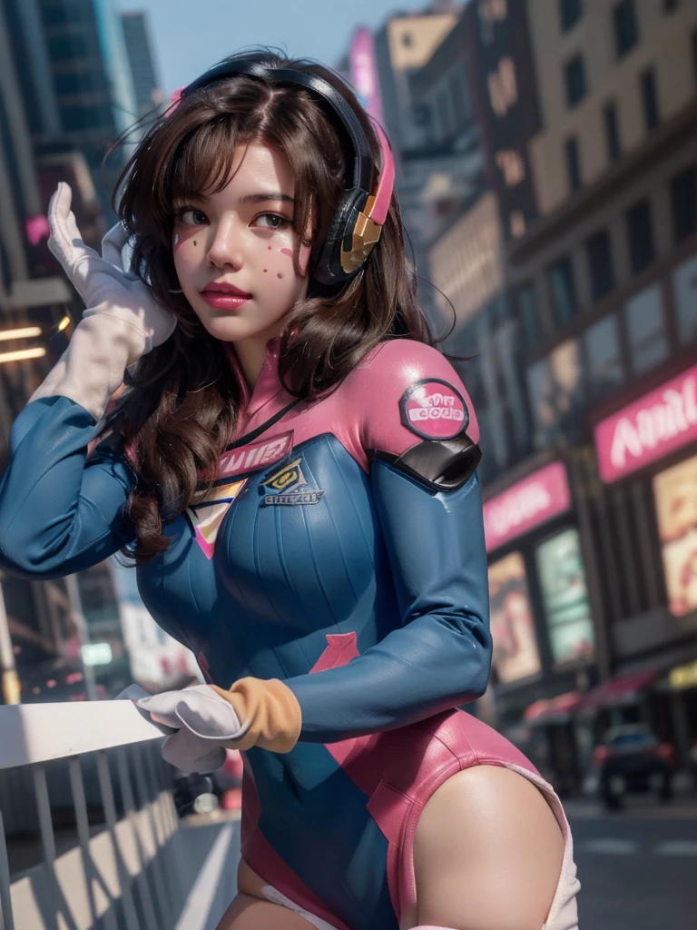 1girl, d.va (overwatch), solo, long hair, whisker markings, bodysuit, brown hair, facial mark, gloves, breasts, brown eyes, pilot suit, cowboy shot, headphones, white gloves, medium breasts, swept bangs, skin tight, animal print, bangs, bunny print, ribbed bodysuit, facepaint, pink lips, (ultra detailed), (8k, intricate), (85mm), light particles, lighting, breast focus, full body, (highly detailed:1.2), (detailed face:0,8), (gradients), sfw, colorful, (detailed eyes:1.5), (detailed background), (dynamic angle:1.2), (dynamic pose:1.2), (rule of third_composition:1.3), (Line of action:1.2), daylight, solo.