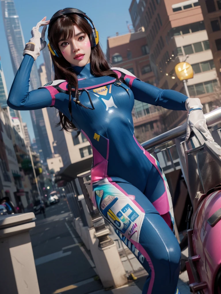 1girl, d.va (overwatch), solo, long hair, whisker markings, bodysuit, brown hair, facial mark, gloves, breasts, brown eyes, pilot suit, cowboy shot, headphones, white gloves, medium breasts, swept bangs, skin tight, animal print, bangs, bunny print, ribbed bodysuit, facepaint, pink lips, (ultra detailed), (8k, intricate), (85mm), light particles, lighting, breast focus, full body, (highly detailed:1.2), (detailed face:0,8), (gradients), sfw, colorful, (detailed eyes:1.5), (detailed background), (dynamic angle:1.2), (dynamic pose:1.2), (rule of third_composition:1.3), (Line of action:1.2), daylight, solo.