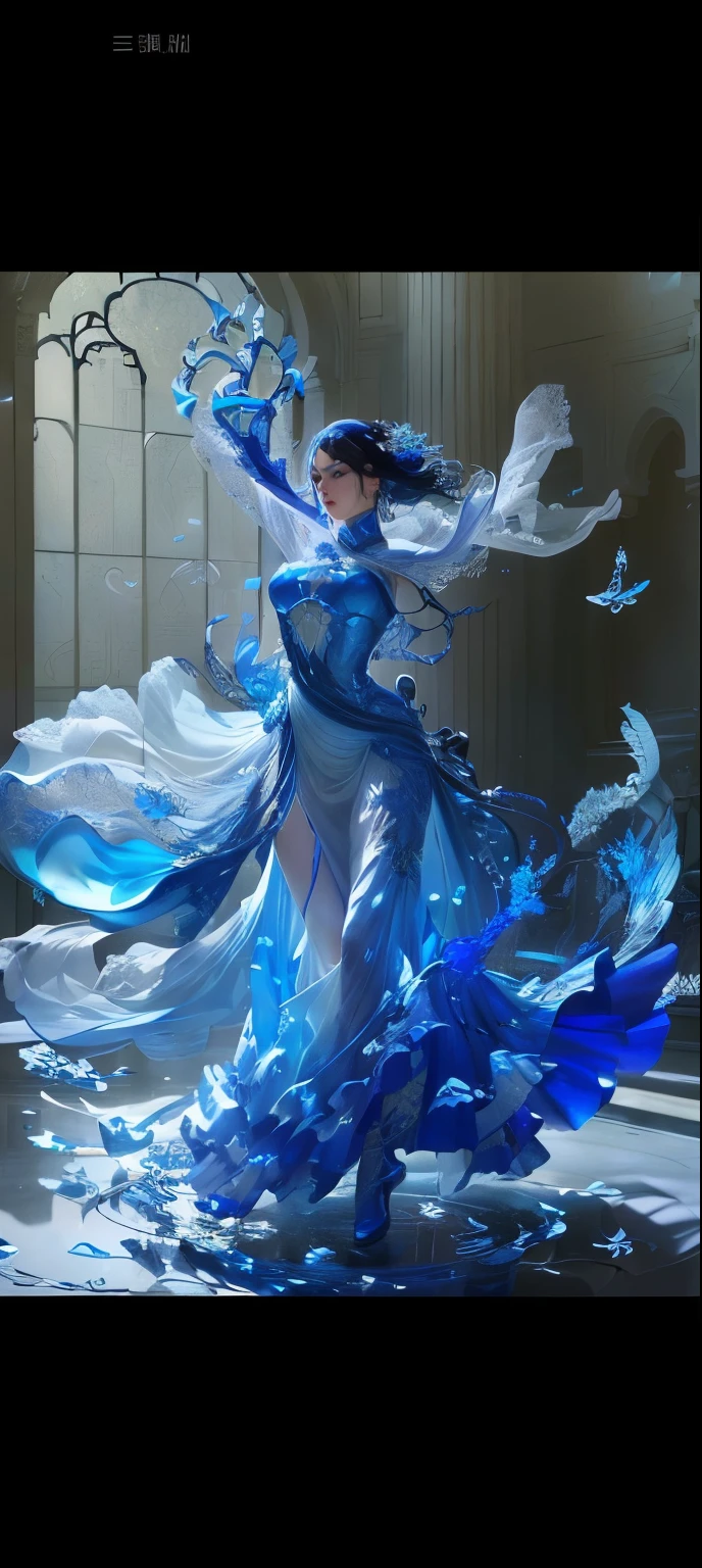 Arav women in blue dresses dancing in a large room, statue made of glass, Blue Swirl Dress, realistic Glass Sculpture, Large Translucent Art Statue, Flowing fabrics, murano Glass Sculpture, Silk fluttering in the wind, person Made of glass, Glass Sculpture, Made of glass, Clothes made of water, Sculptures made of water, blown glass figures,A stunning young ethereal figure, Hepburn Rankin Ellis, Inspired by Fei Danxu,, Futuristic and ethereal, jingna zhang, author:Lu Dongjun, Inspired by Maciej Kuciara, Gorgeous and smooth, Blue biomechanical details, Exquisite sculptures, Beautiful digital artwork