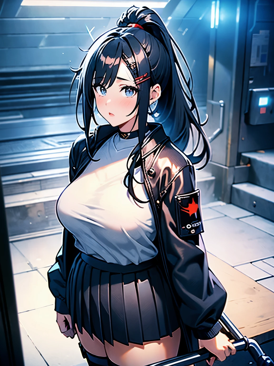 beautiful, alone, 1 chubby woman, long hair tied in a ponytail, black hair, blue highlights at the ends of her hair, silver eyes (detailed eyes), determined look, embarrassed expression, red lips (perfect lips), wide hips, thick leg, black leather kimono, pleated skirt, long fur jacket, futuristic, cyberpunk, cinematic angle, cinematic lighting, artwork, best quality, nsfw,