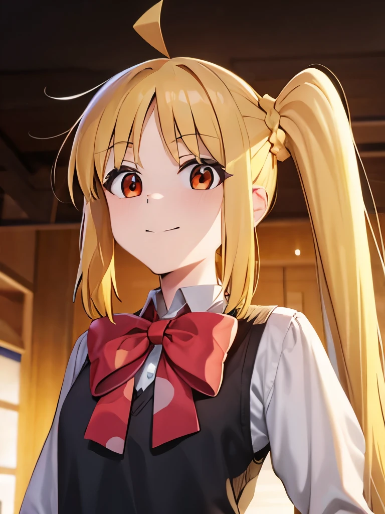 blonde_hair, long_hair, bangs, side_ponytail, look at viewer, ahoge, red_eyes, bow, red_bow, smile mouth, face of happiness 