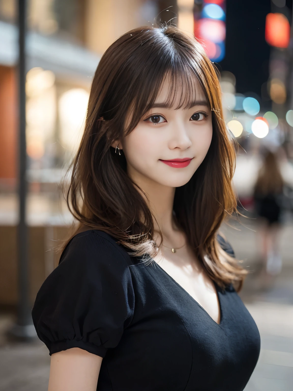 Tabletop, highest quality, figure, Super detailed, In detail, High resolution, 8k wallpaper, Perfect dynamic composition, Beautiful fine details, She is wearing a black dress,Medium Hair,Natural color lip, Bold sexy pose,smile,Harajuku、20-year-old girl、cute、sexy shot looking at camera、C Cup、Brown Hair、caste-like face、Blurred night downtown background