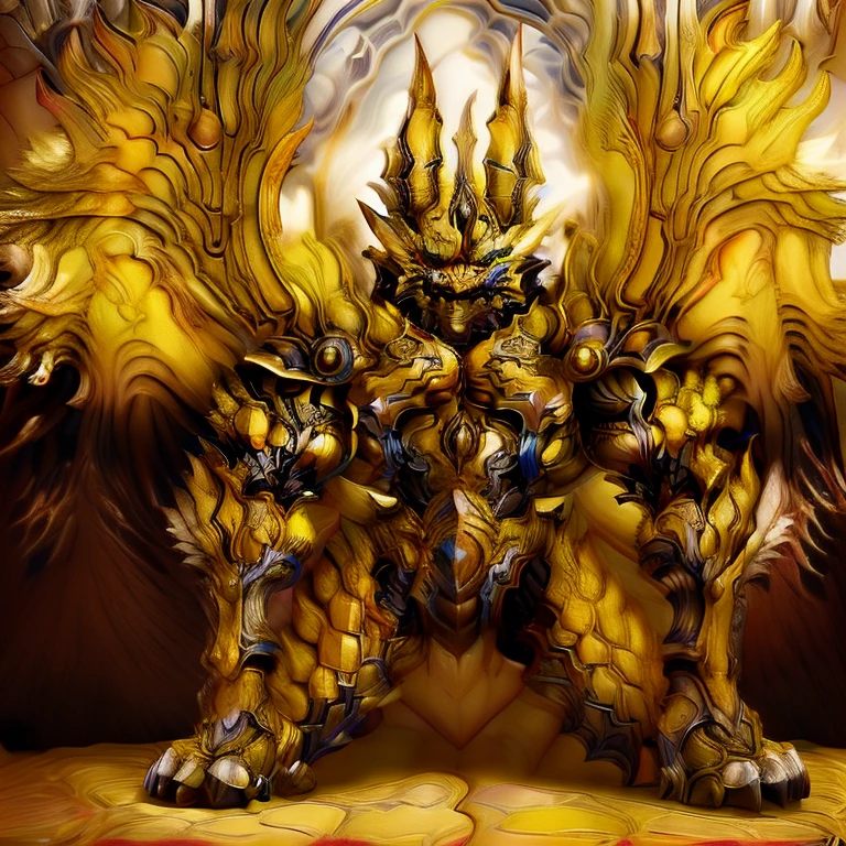 (Pokémon) (Zeraora), (masterpiece, best quality, detailed:1.2), (nj5furry), (medieval armor:1.3) sparkling skin, Vibrant colors, 4K, GOLD armor, Its full plate armor emphasizes the muscles. big muscle (pecs, triceps, traps) unusually developed muscular body, body full of huge muscles. showing off muscles, pectorales enormes. Exaggeratedly huge muscles. Gigachad Muscular, Very muscular, Large pecs, Spread wings, It has wings. have big wings. has 10 large wings. It has large golden wings. The feathers on its wings are detailed and realistic.sitting on the throne,