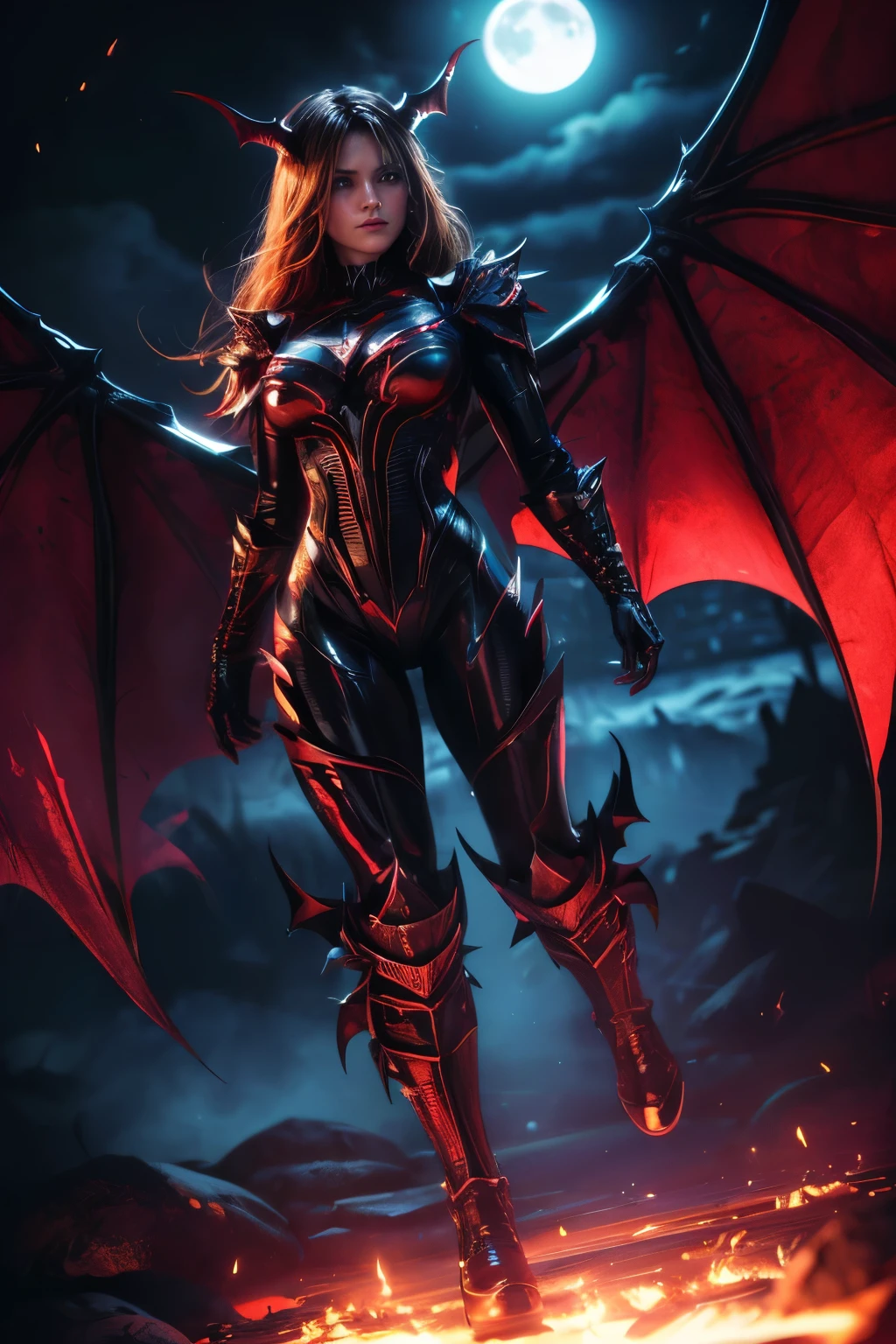 (best quality,4k,8k,highres,masterpiece:1.2),ultra-detailed,(realistic,photorealistic,photo-realistic:1.37), (girl like a bat out of hell), full body, demon Wings, flowing hair, athletic physique, dark clothes, dramatic lighting, high contrast, powerful dynamic lines, vibrant colors, fierce eyes, sharp fangs, ethereal atmosphere, intense energy, flying objects, shattered debris, swirling smoke, epic background, moonlit night, mysterious shadows
,demonictech,better_hands,hands, extremely detailed, cinematic lighting, 8k, high definition,