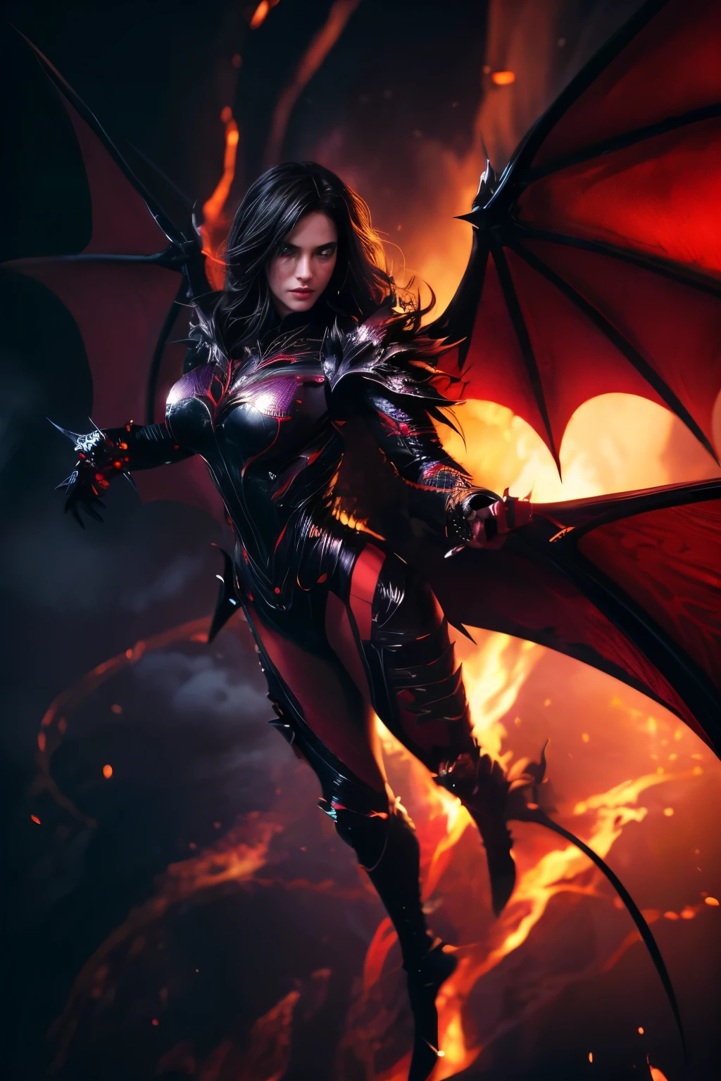 (best quality,4k,8k,highres,masterpiece:1.2),ultra-detailed,(realistic,photorealistic,photo-realistic:1.37), (girl like a bat out of hell), full body, demon Wings, flowing hair, athletic physique, dark clothes, dramatic lighting, high contrast, powerful dynamic lines, vibrant colors, fierce eyes, sharp fangs, ethereal atmosphere, intense energy, flying objects, shattered debris, swirling smoke, epic background, moonlit night, mysterious shadows
,demonictech,better_hands,hands, extremely detailed, cinematic lighting, 8k, high definition,