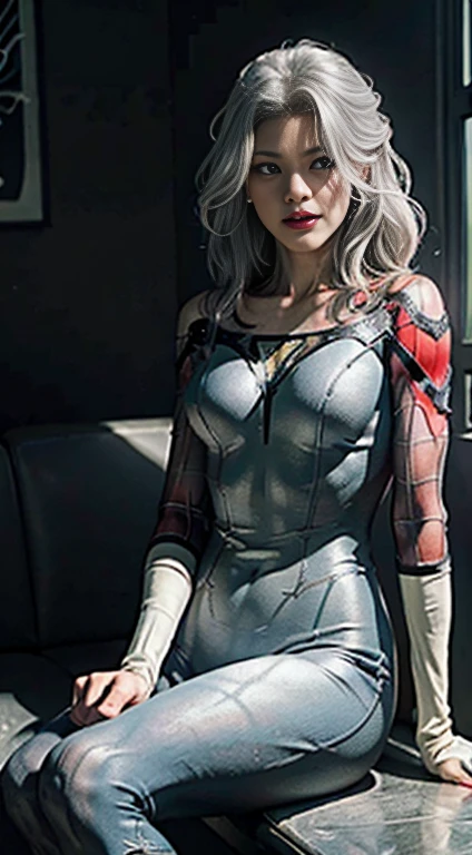 "(CG Unity 8K wallpaper in extreme detail，tmasterpiece，Highest image quality)， (Delicate light and shadow，Highly dramatic graphics)， Girl in white Spider-Man costume， Silver-gray hair， From the Spider-Man parallel universe， dynamic sitting poses， Wenger， Marvel， Spidey， Lie on the couch， (Exceptional detail， Excellent lighting effects and wide vistas)， (Excellent rendering)， Highlight the white Spider-Man costume， Complex spider pattern textures， The costume is translucent"