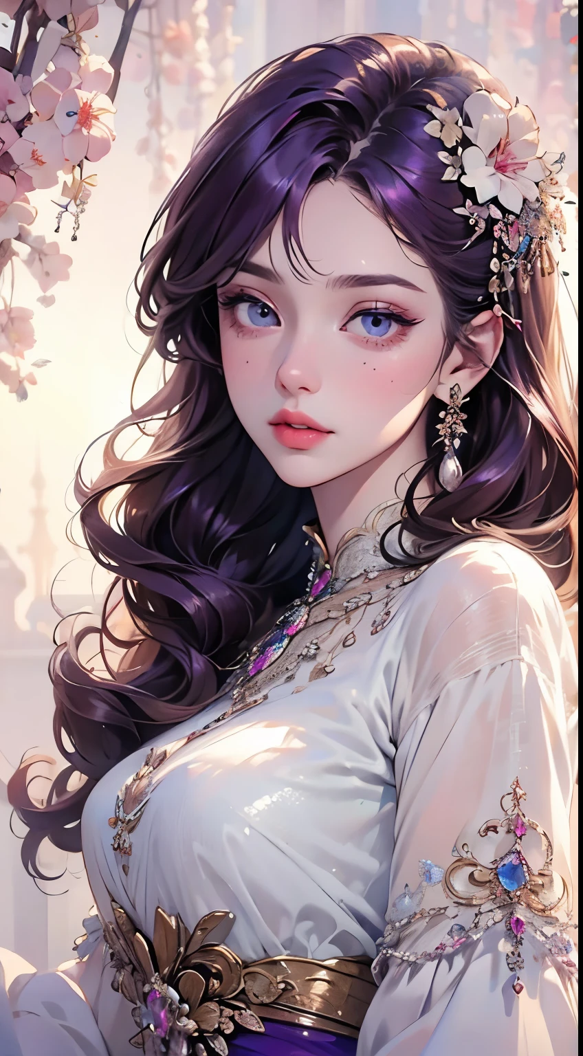 beautiful detailed eyes, beautiful detailed lips, extremely detailed eyes and face, long eyelashes, 1 adult female, clean face, beautiful hazel eyes with fine details and shine, shiny purple hair, beautiful light blue dress with intricate and detailed embroidery, luxurious accessories, fantasy art, dreamlike background, best quality, ultra-high resolution, extreme detail, best anime, sharpness, vivid:1.1, astonishing artistic rendering