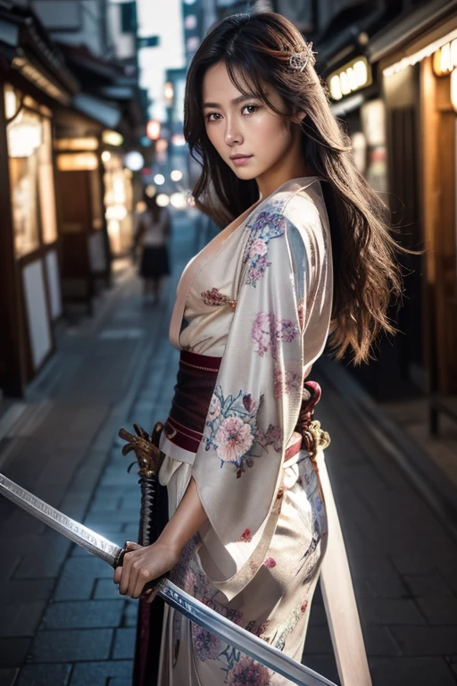 (((Holding a sword)))、(((Tears running down my cheeks)))、Beautiful Japanese Supermodel Women, Hair with subtle highlights, Iris, sexy,Street background,Gorgeous kimono (Floral), Backlit shooting,perfect face lighting,Mixed Media
