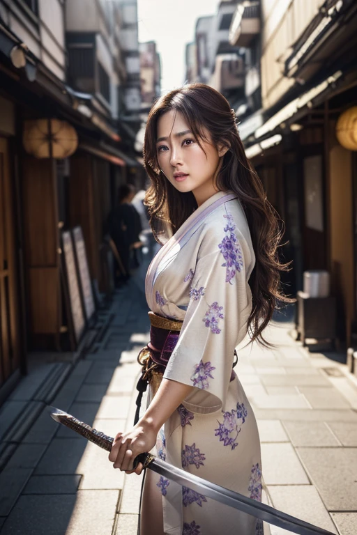 (((Holding a sword)))、(((Tears running down my cheeks)))、Beautiful Japanese Supermodel Women, Hair with subtle highlights, Iris, sexy，Street background，Gorgeous kimono （Floral）, Backlit shooting，perfect face lighting，Mixed Media
