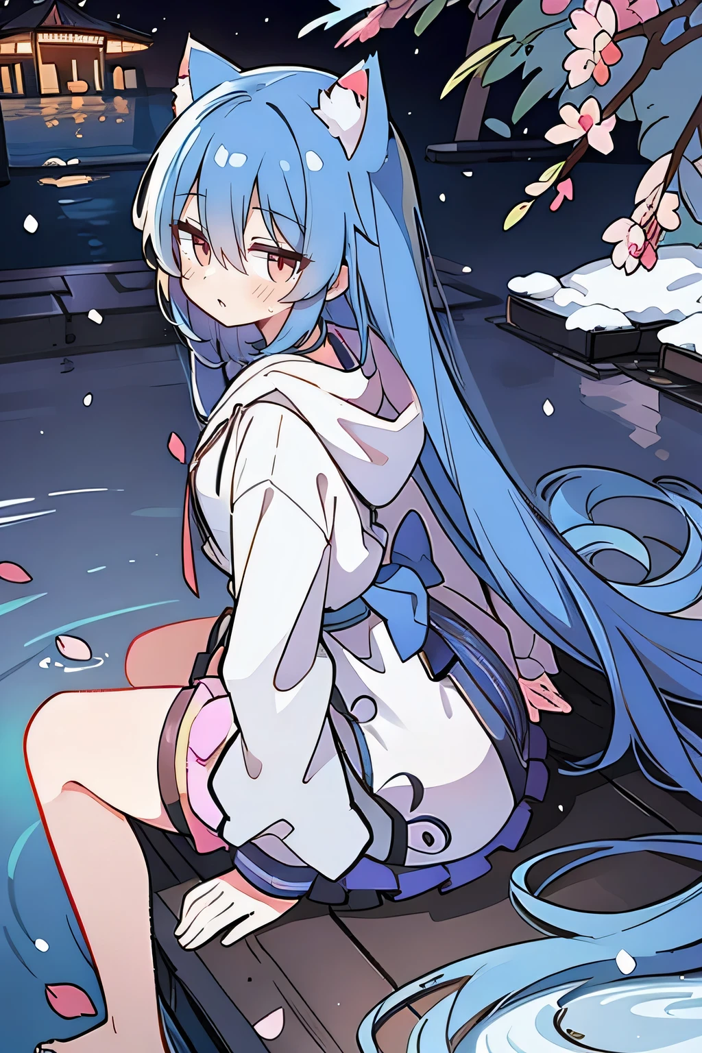 （masterpiece：1.2），Super detailed，lifelike，Expressive eyes，fair skin，perfect face shape，1 girl，
Japanese comics,Gorgeous blue hair,flowing blue hair,flowing clothes,Cat ears,Petals fall,beautiful lola,Baby Angel,
Shaking head with one hand，Cross your legs，Gentle and peaceful background，The pavilion is cool and comfortable,smile, wearing hoodie, background of tokyo,back views,snowing, winter,lie on the water. 