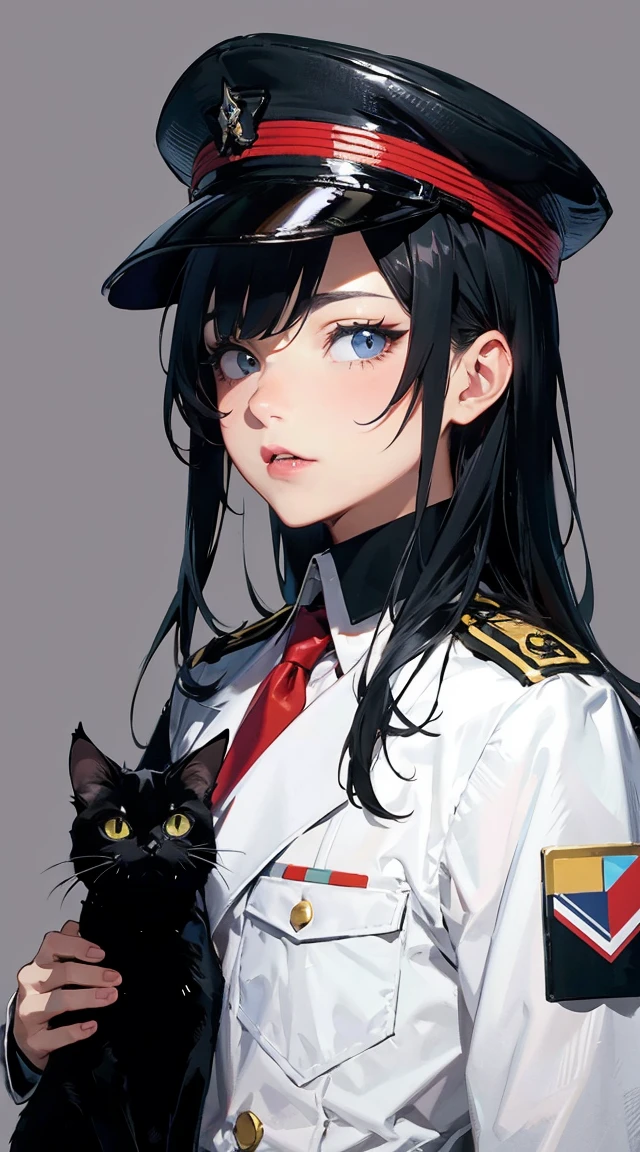 Black Hair Blue Mesh Black Cat Ears Right Eye Blue Left Eye Black Cat Mouth Barcode Under Left Eye Black Military Uniform Black Military Cap Illustration Anime