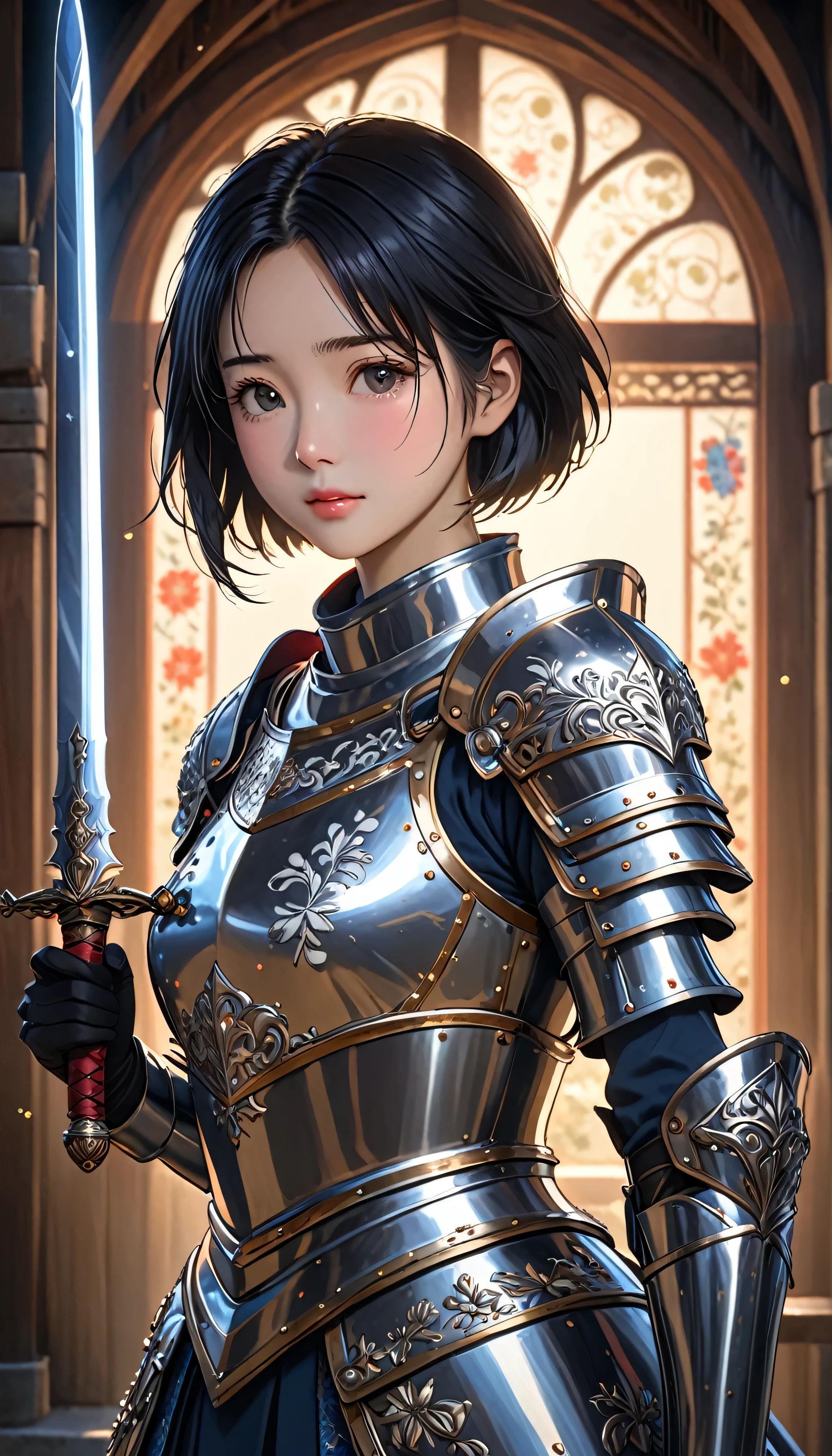 National Science Foundation,masterpiece,High resolution,8K,Art,digit,Three-dimensional,Realism,Kyoto Animation Style,Your name style,looking into camera,Soft Light,Glowing skin,(1 female: 1.3),(alone: 1.4),(((black hair))),(medieval female knight),(Ornate medieval armor),(Holding a jeweled sword in his hand),Long eyelashes,Slender legs,Short Bob,Close-up of upper body,Close-up,(Eyes as deep as the starry sky),(blush),(shy),(lovely and delicate),(Pitiful),(cry),(shed tears),(((sadness)))
