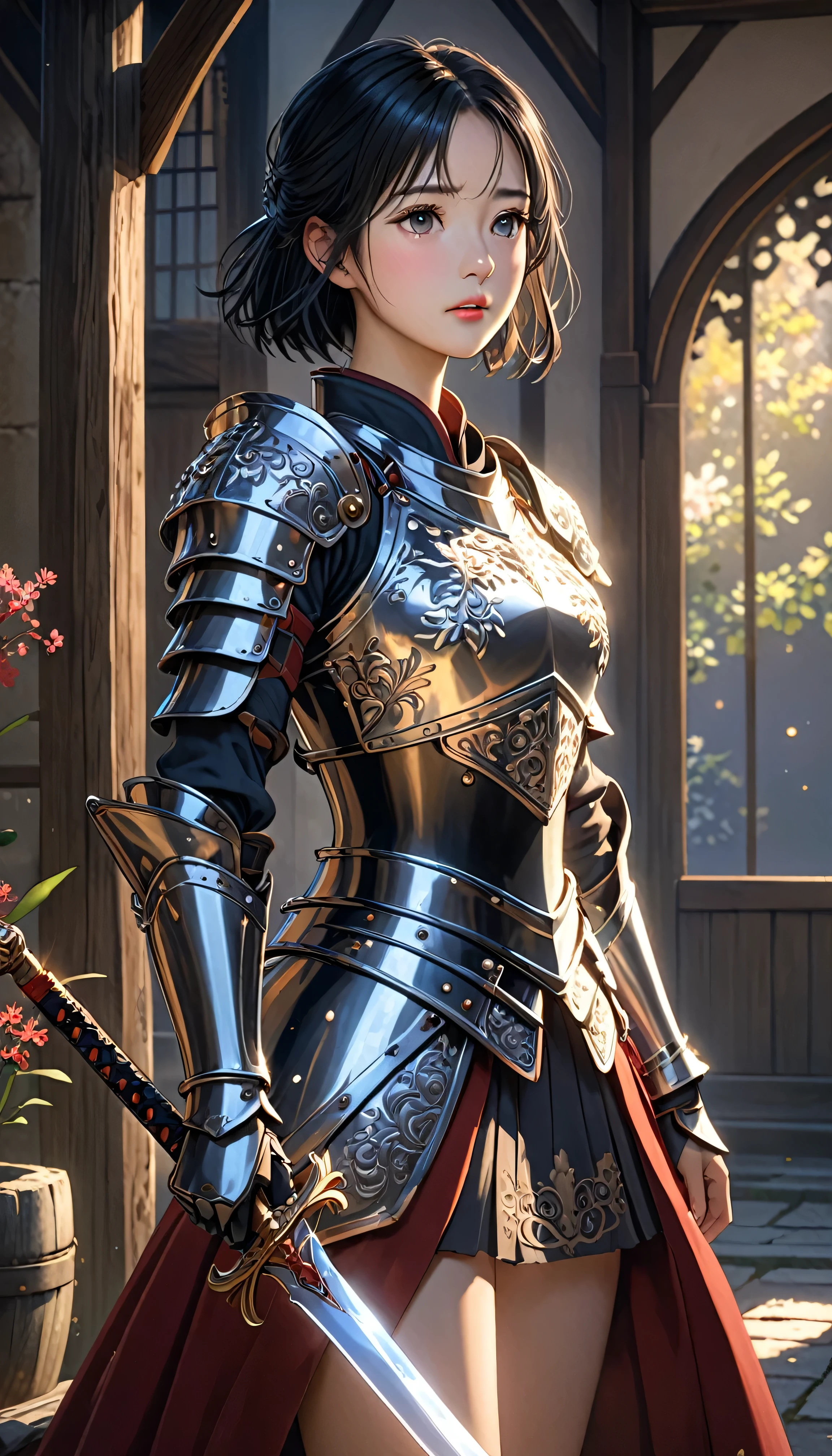 National Science Foundation,masterpiece,High resolution,8K,Art,digit,Three-dimensional,Realism,Kyoto Animation Style,Your name style,looking into camera,Soft Light,Glowing skin,(1 female: 1.3),(alone: 1.4),(((black hair))),(medieval female knight),(Ornate medieval armor),(Holding a jeweled sword in his hand),Long eyelashes,Slender legs,Short Bob,Close-up of upper body,Close-up,(Eyes as deep as the starry sky),(blush),(shy),(lovely and delicate),(Pitiful),(cry),(shed tears),(((sadness)))