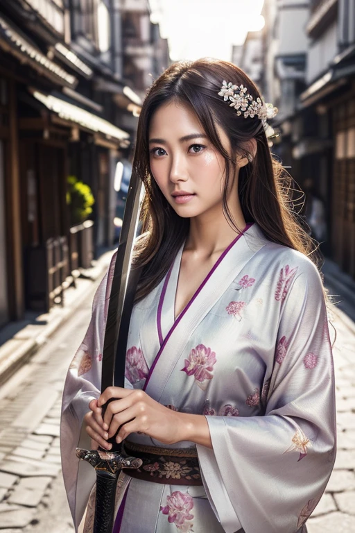 (((Holding a sword)))、(((Tears running down my cheeks)))、Beautiful Japanese Supermodel Women, Hair with subtle highlights, Iris, sexy,Street background,Gorgeous kimono (Floral), Backlit shooting,perfect face lighting,Mixed Media