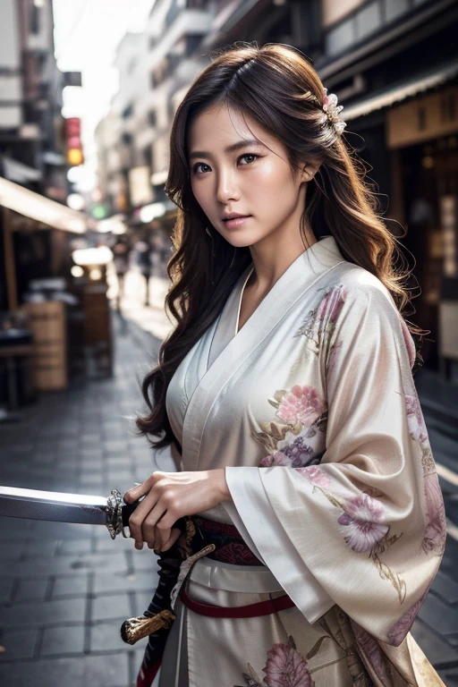 (((Holding a sword)))、(((Tears running down my cheeks)))、Beautiful Japanese Supermodel Women, Hair with subtle highlights, Iris, sexy，Street background，Gorgeous kimono （Floral）, Backlit shooting，perfect face lighting，Mixed Media