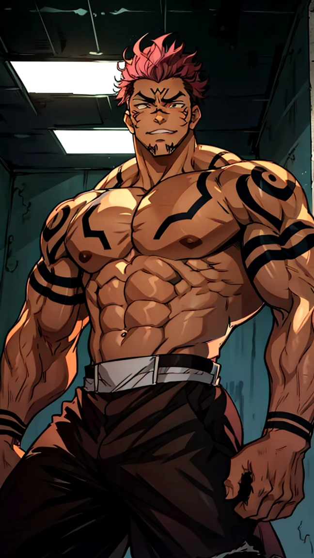 (坐exist地上), (A corner of the photo from bottom to top) (Highest quality images) Lion Man ,real, young, ( Wearing shorts), Crotch protrusion, Anime Character, Legs open, 男性Face, bonito rosto young, Undercut Hair, Huge chest muscles, 大腿muscular, Biceps tendon, Huge body, Toned body due to intense training, muscular, 8-pack clear ABS, 3 meters high, Topless, , Glowing skin, Dihan.com, 双手放exist大腿上, barefoot, No beard，best quality, masterpiece, expressiexistless, Ultra-high resolution, Detailed background, man, Solitary, texisted male, short hair, Sukuna a man with pink hair and shirtless, Tattoo_both sides, Tattoo_exist_his_Face, Face to viewer,