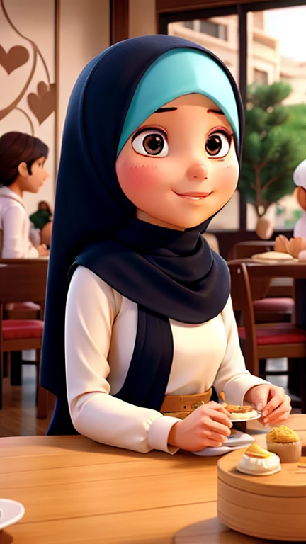 A round face woman wearing hijab outfits sitting at a cafe, eating a birthday cake