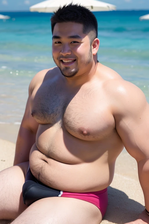 ((highest quality)), ((masterpiece)), (detailed), (Perfect Face), 4k, Glamour, Shaved head, Young Japanese, Muscular, Fat body, Very big man, smile, white small swimsuit, Well-groomed fat face, ?????, have power, Sitting with legs spread very wide, Highlights very thick thighs, Raising his armanly ?????, ???????, Pink ???????, Thick arms, Thick neck, Emphasizes a very large swimsuit bulge, Pale skin, Emphasize the lower body, Front facing shot, Very thick thighs, round face, plump, fat, male eyes