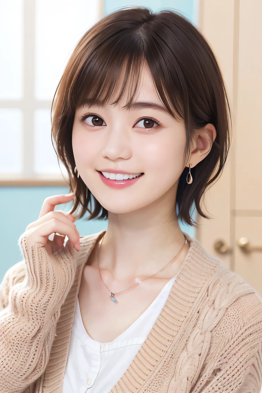 205  ((short hair)), 20-year-old female, In underwear、Put on a cardigan、 A refreshing smile、Open your mouth、Beautiful teeth alignment、Brown Hair、ear piercing、Necklace around the neck、