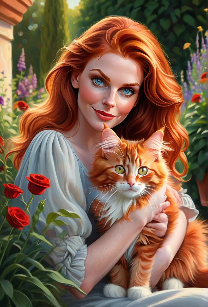 red-haired girl [Anne Hathaway:Michelle Pfeiffer:0.45] with a full sized  red mainecoon cat, (best quality, masterpieces, ultra-detailed), beautiful detailed eyes, beautiful detailed lips, longeyelashes, vibrant colors, illustrative style, oil painting texture, flowing red hair, cozy garden background, soft sunlight, lively expression, joyful interaction with the cat, dynamic pose, realistic rendering.