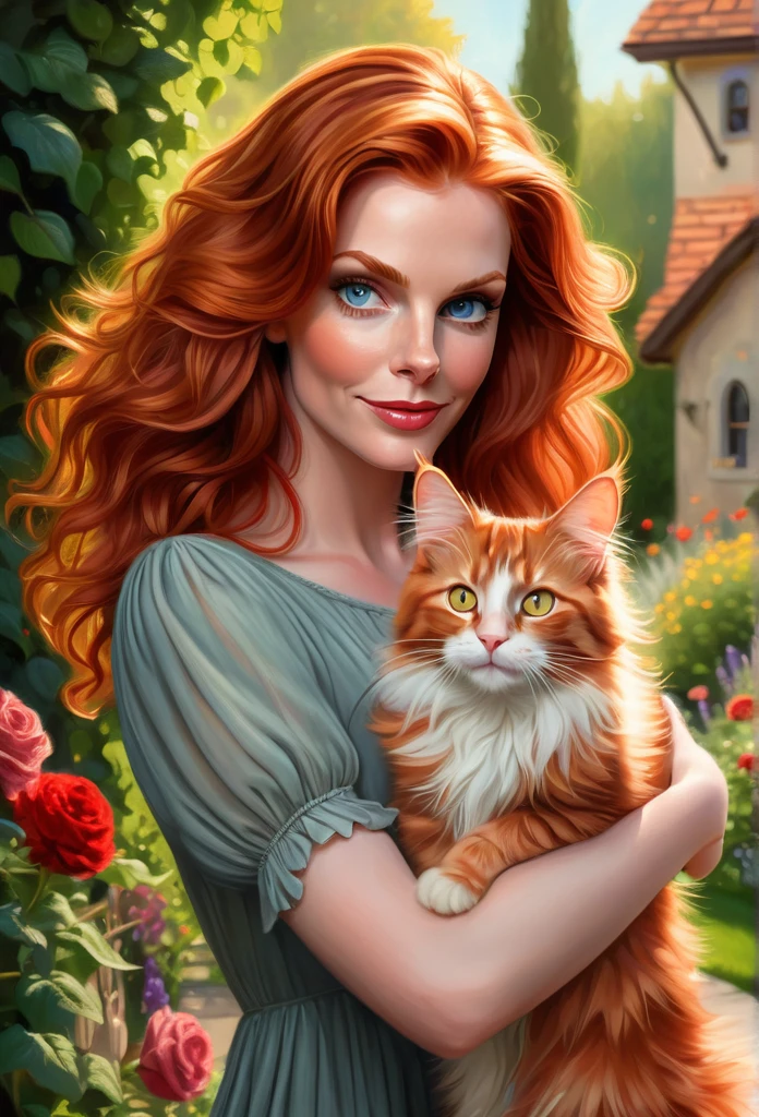 red-haired girl [Anne Hathaway:Michelle Pfeiffer:0.45] with a full sized  red mainecoon cat, (best quality, masterpieces, ultra-detailed), beautiful detailed eyes, beautiful detailed lips, longeyelashes, vibrant colors, illustrative style, oil painting texture, flowing red hair, cozy garden background, soft sunlight, lively expression, joyful interaction with the cat, dynamic pose, realistic rendering.