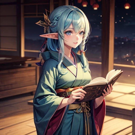 Adult elf wearing a kimono I have a spellbook Glaze-colored hair