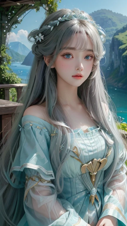 (Masterpiece) • (Illustratio) • (High resolution) • (8K) • (The image showcases a highly detailed young girl, adorned in intricate costumes, with long, cascading hair that flows gently amidst the breezy green mountains.) • (Best Illustration) • (Beautifully detailed eyes that sparkle with life, captivating the viewer as they gaze upon the serene clear waters.) • (Top-quality) • (Ultra-detailed) • (tmasterpiece) • (Wallpaper) • (A detailed face framed by loose hairs, her big, expressive eyes lost in the distant horizon, gazing at the