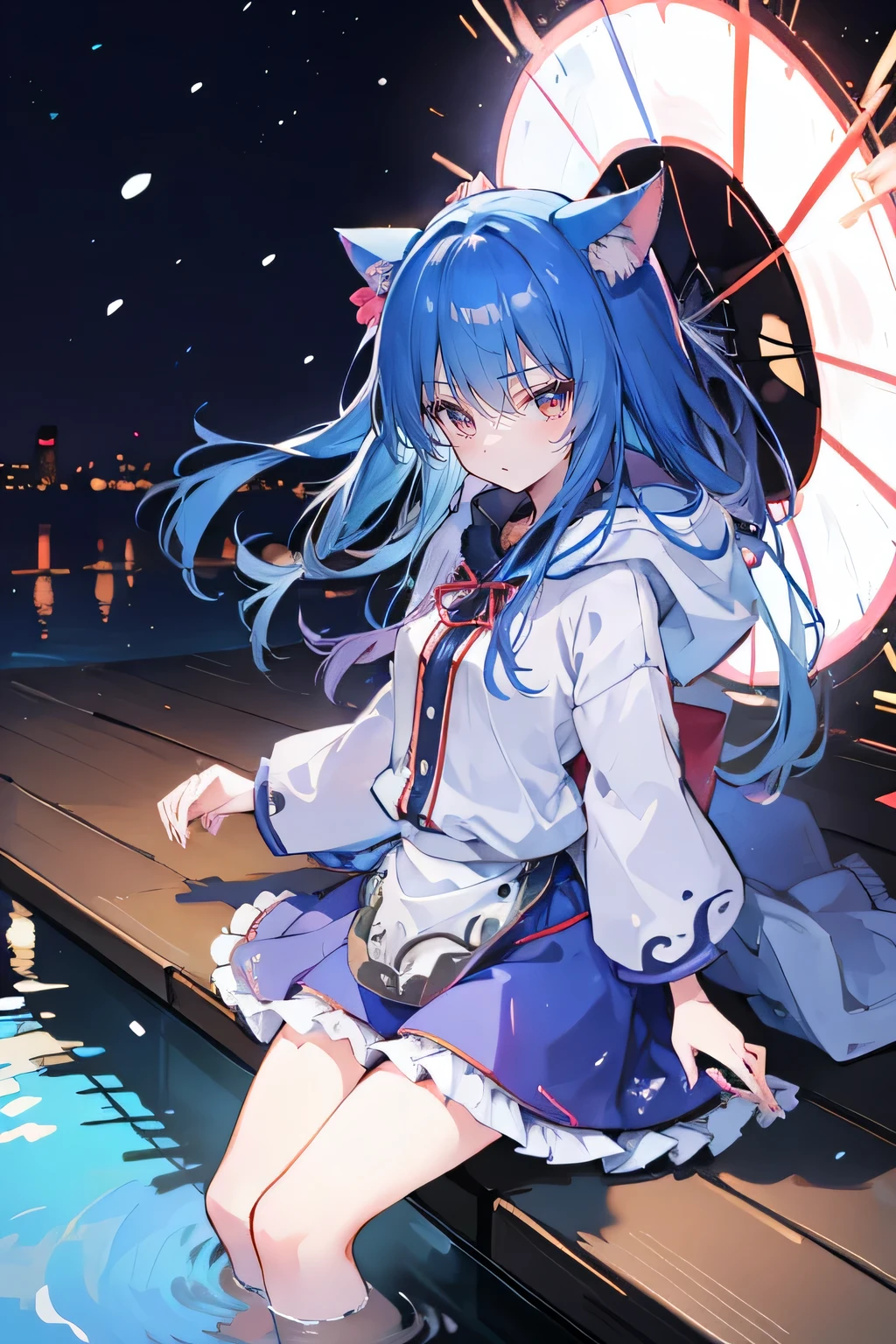 (masterpiece:1.2),Super detailed,lifelike,Expressive eyes,fair skin,perfect face shape,1 girl,
Japanese comics,Gorgeous blue hair,flowing blue hair,flowing clothes,Cat ears,Petals fall,beautiful lola,Baby Angel,
Shaking head with one hand,Cross your legs,Gentle and peaceful background,The pavilion is cool and comfortable,smile, wearing hoodie, background of tokyo,back views,snowing, winter,lie on the water.